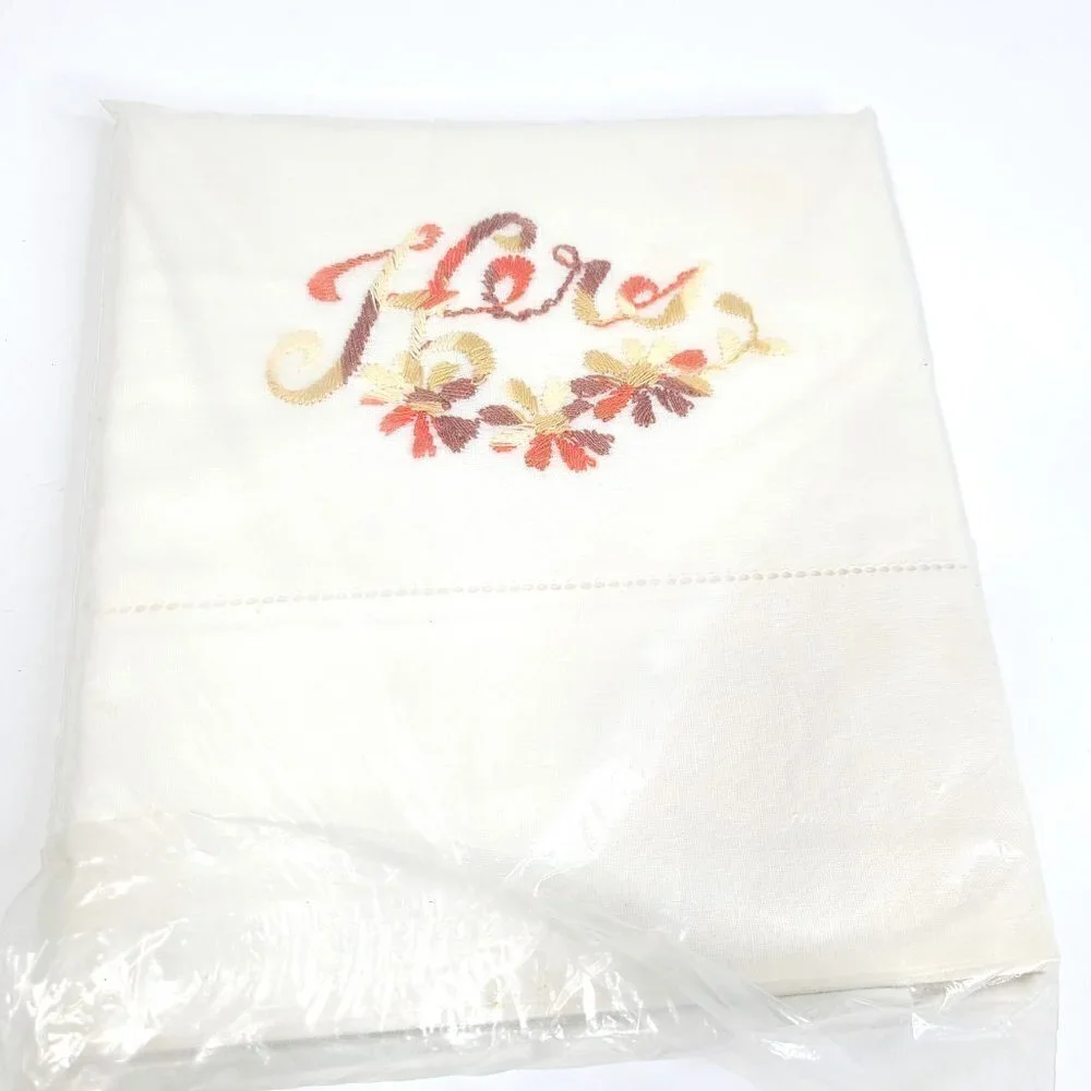 Vintage Riegel Pillow Cases Embroidered White Orange Fall Floral His & Hers USA